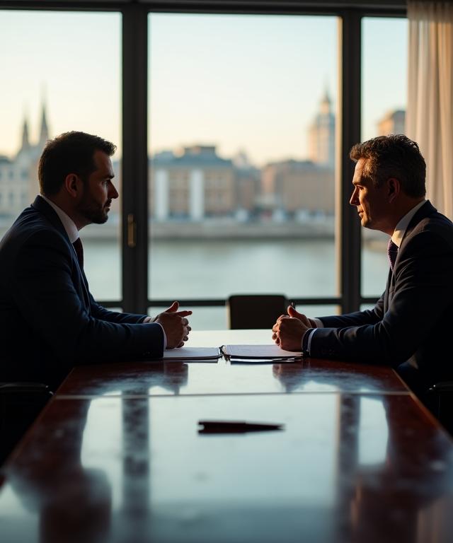 Two professional lawyers in a high-end London boardroom discussing contract terms with subtle gold accents in the decor.